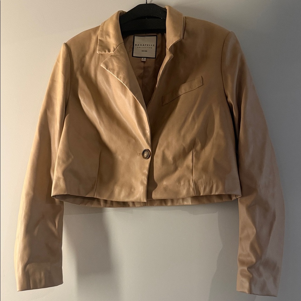 bagatelle Cropped Faux Leather Blazer in Beige Tan